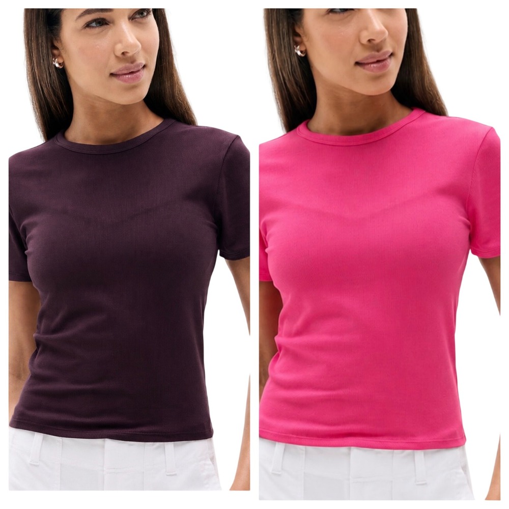 Athleta Signature Ribbed Crew Neck Tee Lot of 2 Pink Plum Stretch Tops Size S - Picture 1 of 8